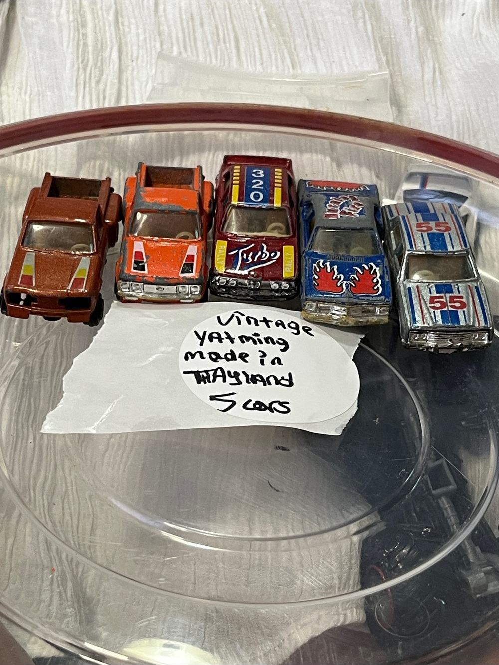 Set of 5 Vintage Toy Race Cars - Blue, Red, Orange, Brown, Silver